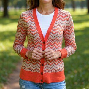 LOFT Orange and Tan Chevron Pointelle Knit Cardigan - Medium